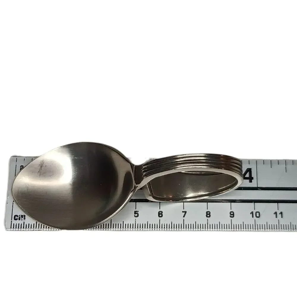 Set Of Four (4) Bent Spoon Napkin Rings Silvertone Paneled Geometric Design